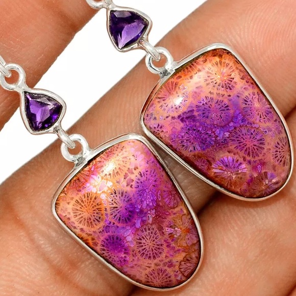 Rare Indonesian fossil and amethyst earrings - Picture 2 of 2